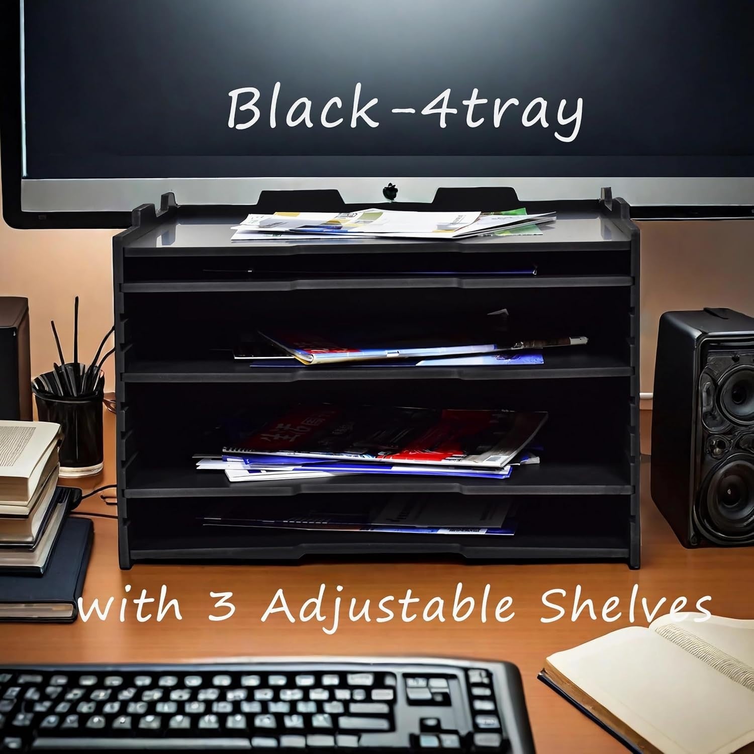 4-Tier Adjustable Desk Organizer File Tray, Letter Mail Holder, PVC Desktop