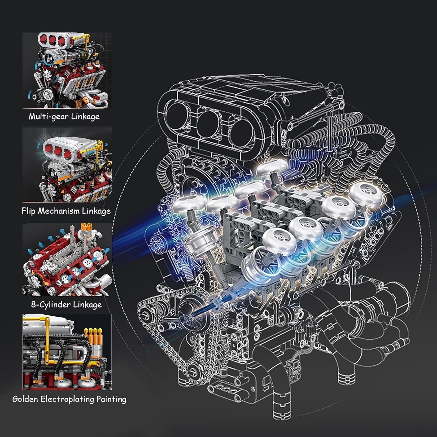 DIY V8 Engine Model Kit with Motor, STEM Building Toy, 2347pcs, Real Mechanics