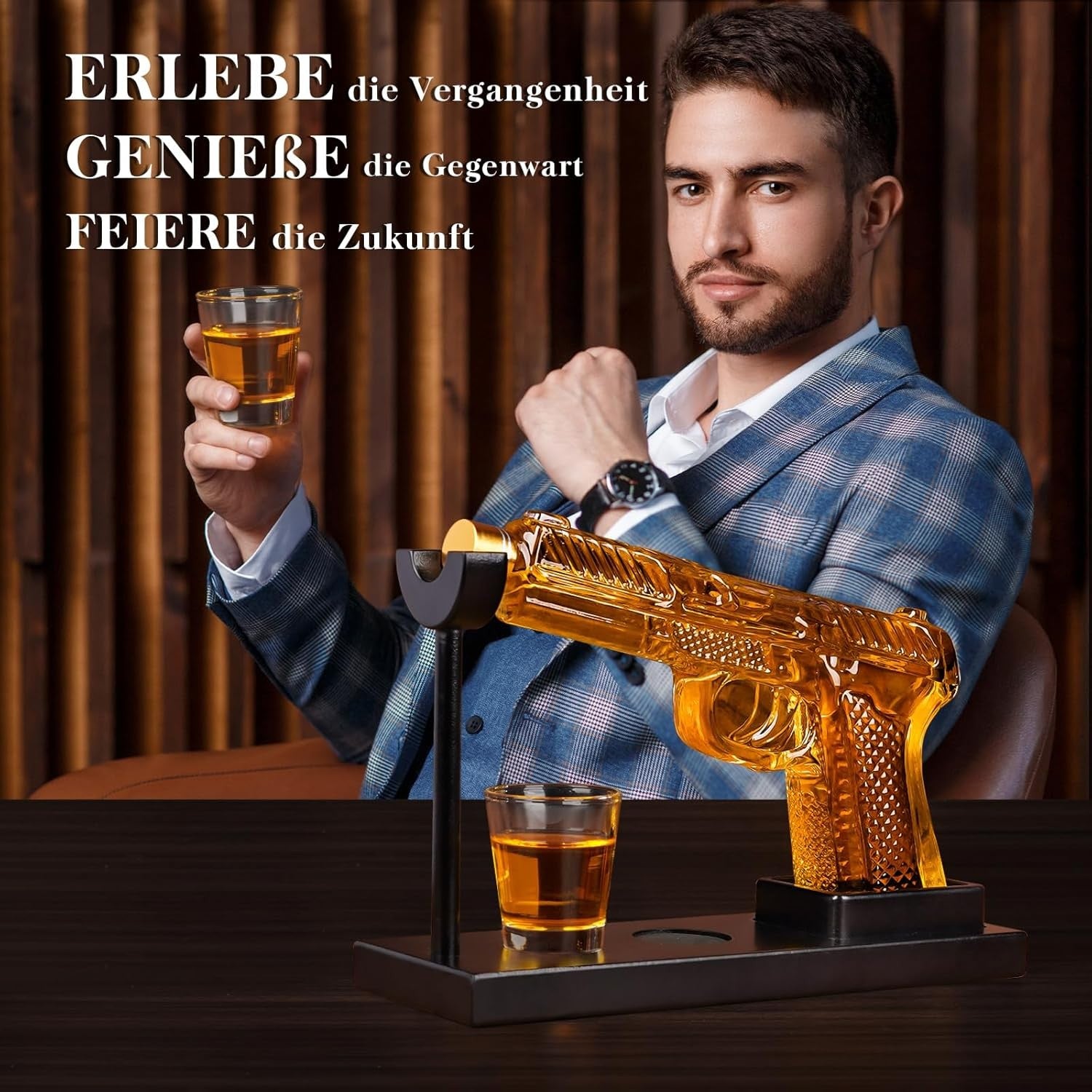 Golden Pistol Whiskey Decanter Set with Shot Glasses 265ml Mens Gift Bar Decor