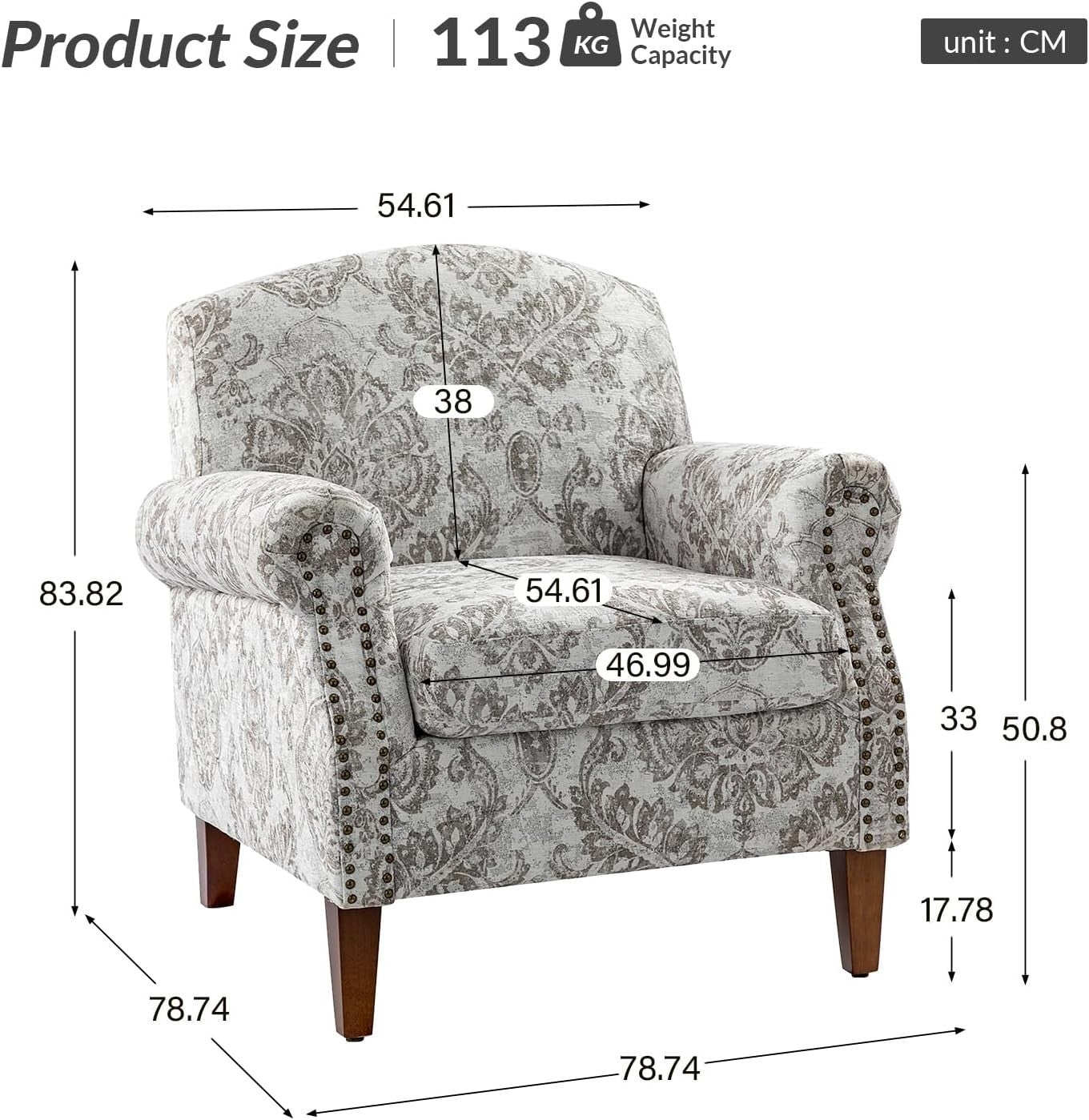 Beige Floral Accent Armchair with Wood Legs & Removable Cushions - Cozy