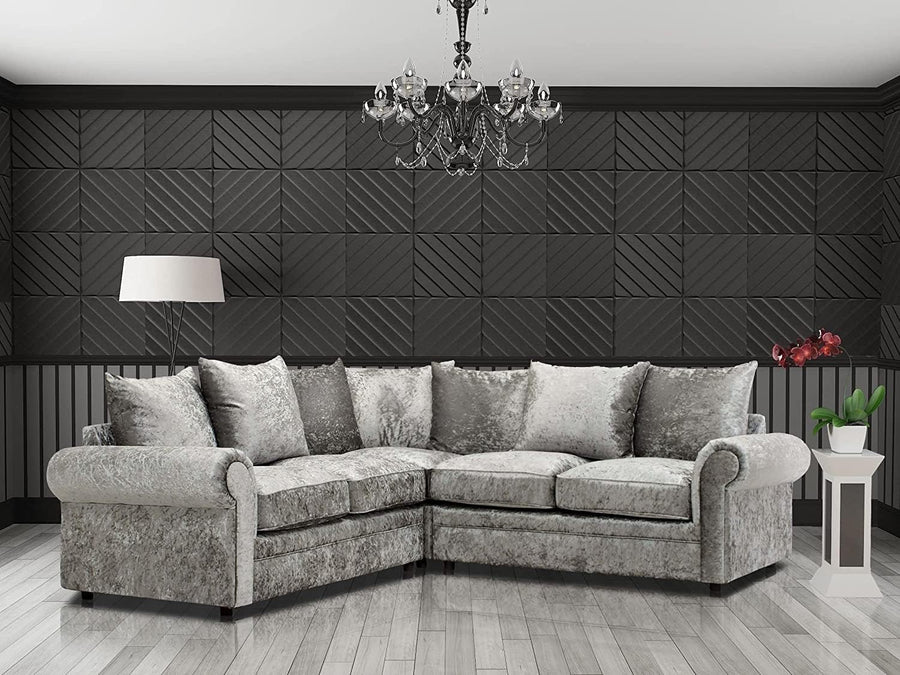 Luxury 5-Seater Silver Velvet Corner Sofa Set 3+2 Seater Memory Foam