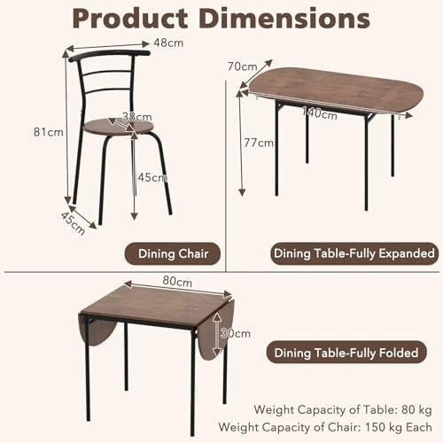 3-Piece Folding Dining Set Drop Leaf Table and Chairs Rustic Brown Black