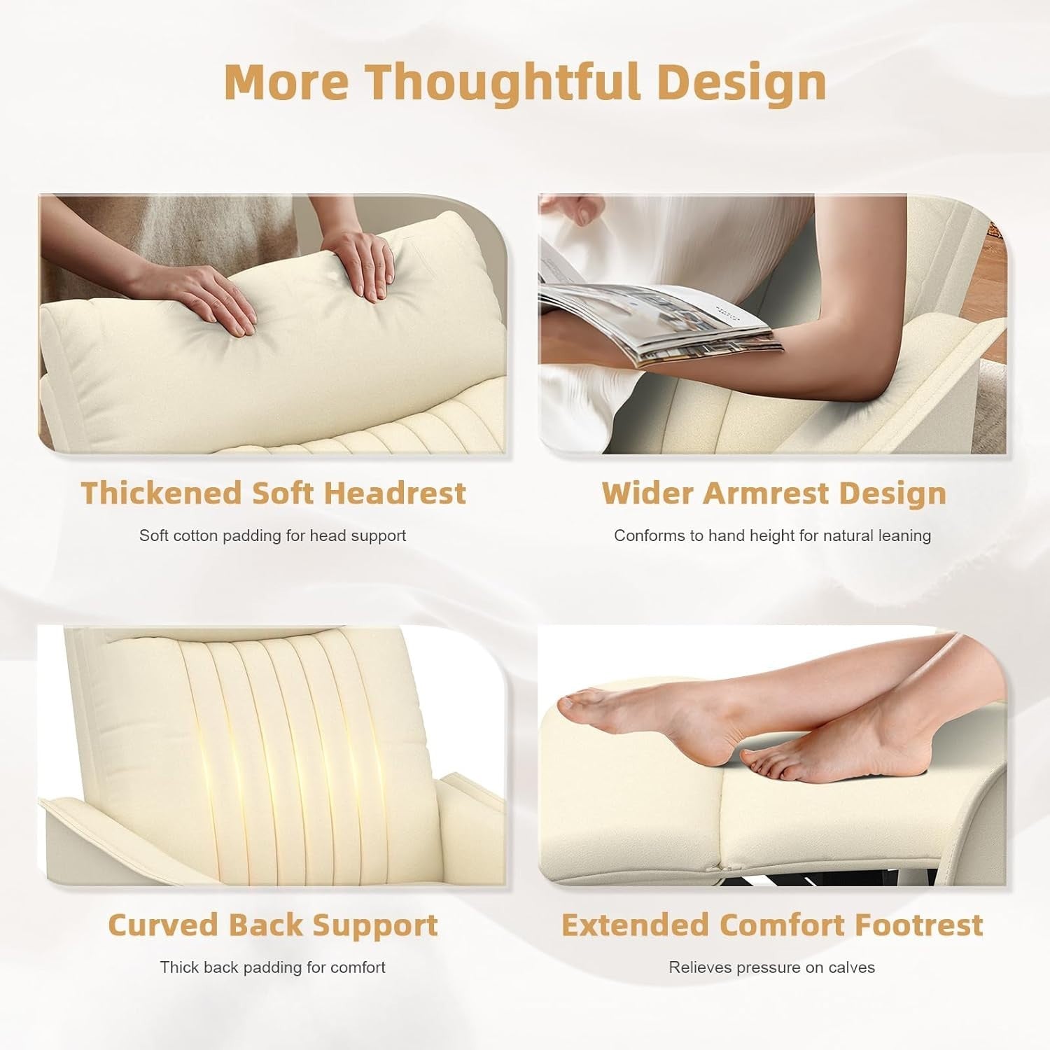 Swivel Rocking Recliner Chair Massage Heat 3-in-1 Footrest Dual Pockets Cream