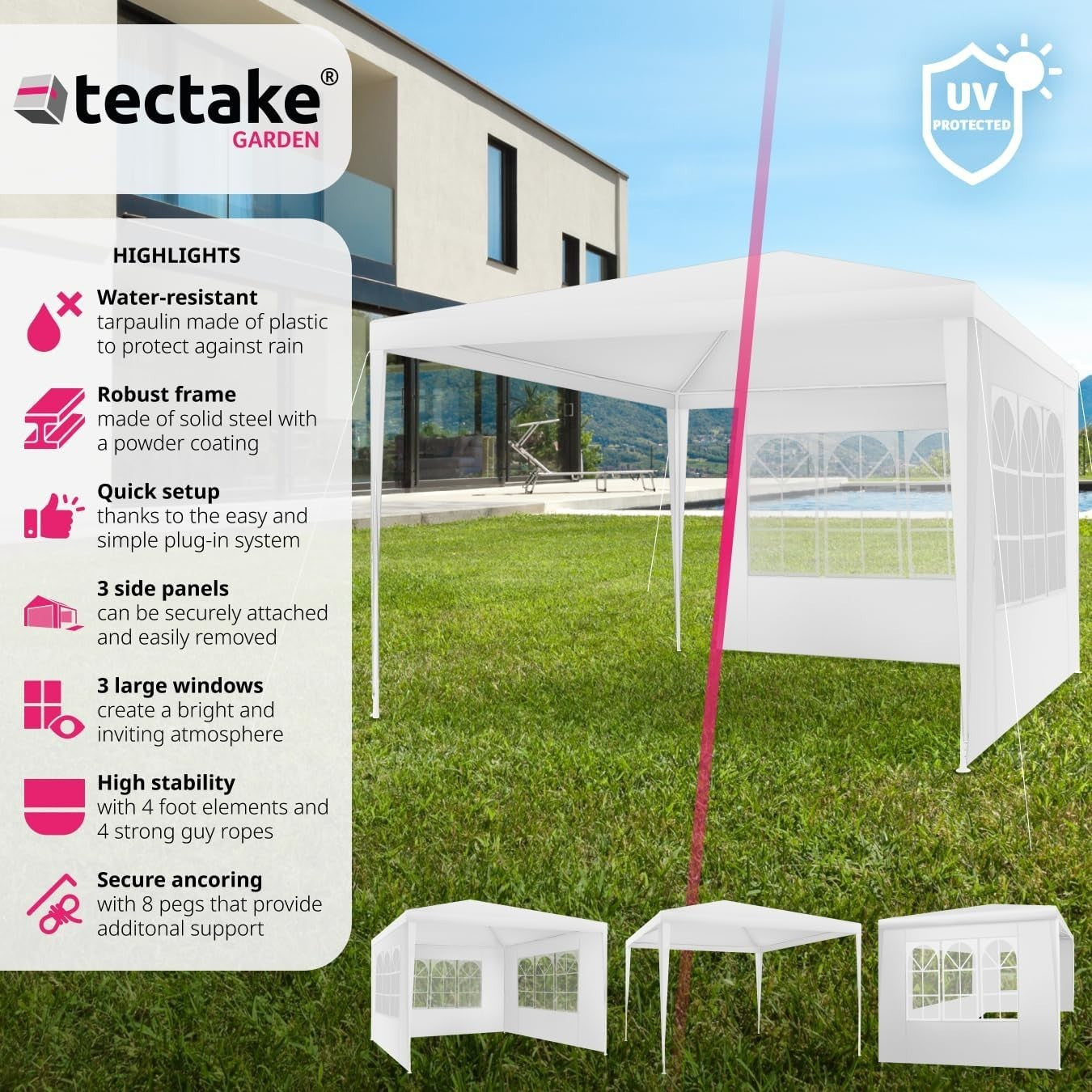 3x3m White Garden Gazebo Waterproof UV Shelter w/ 3 Side Panels & Steel Frame