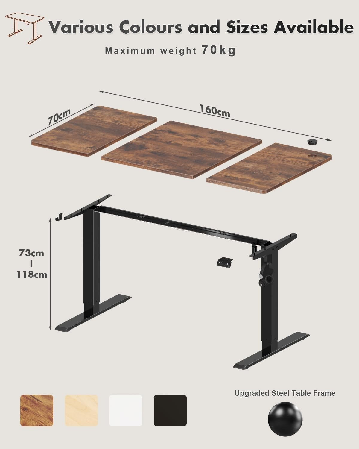 Electric Height Adjustable Standing Desk 160x70cm Rustic Brown Ergonomic Table