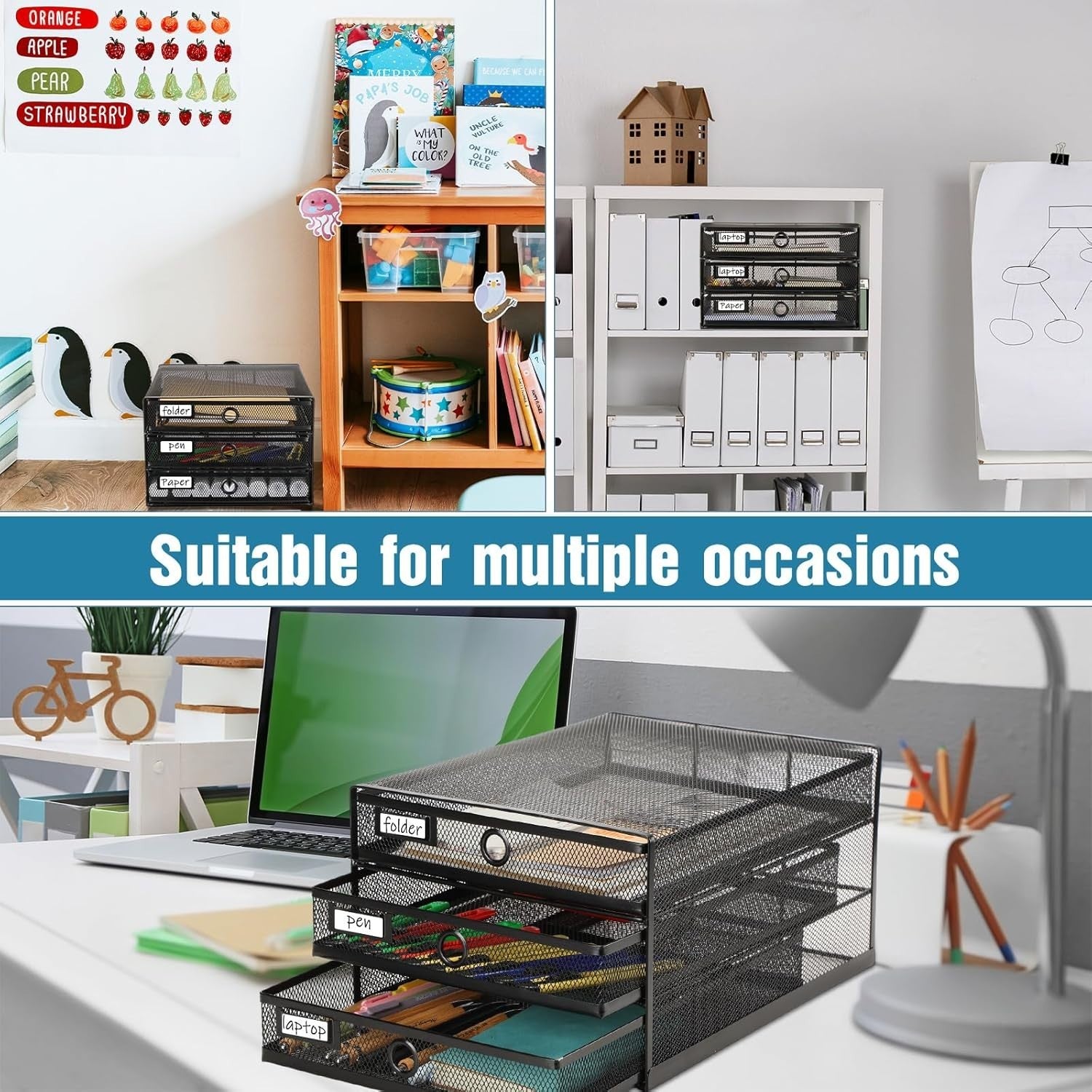 3-Tier Desk Organizer with Drawer | Mesh Metal File & Paper Storage, A4