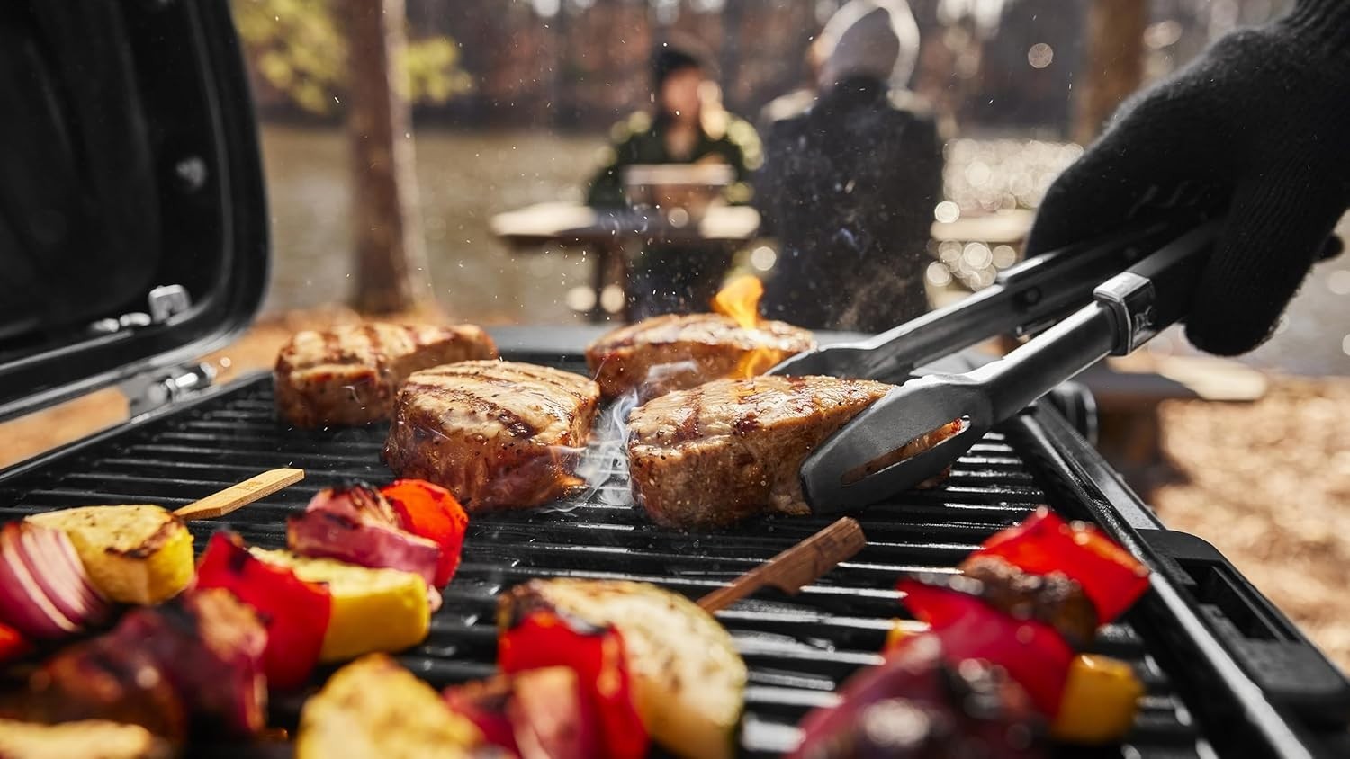 Portable Folding Gas BBQ Grill with Wheels, Lid Thermometer, 52x36cm