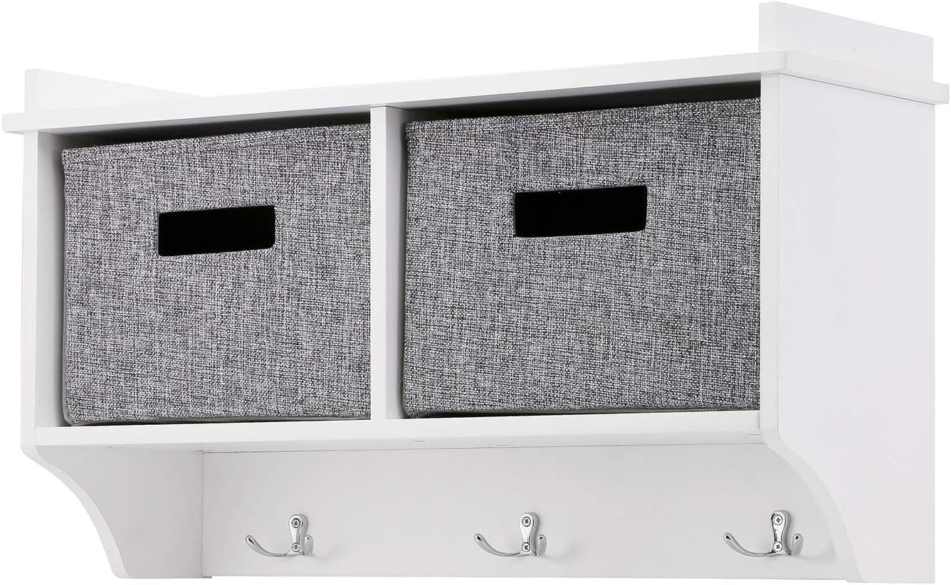 White Wall Mounted Coat Rack | 3 Hooks & 2 Fabric Baskets Hallway Shelf