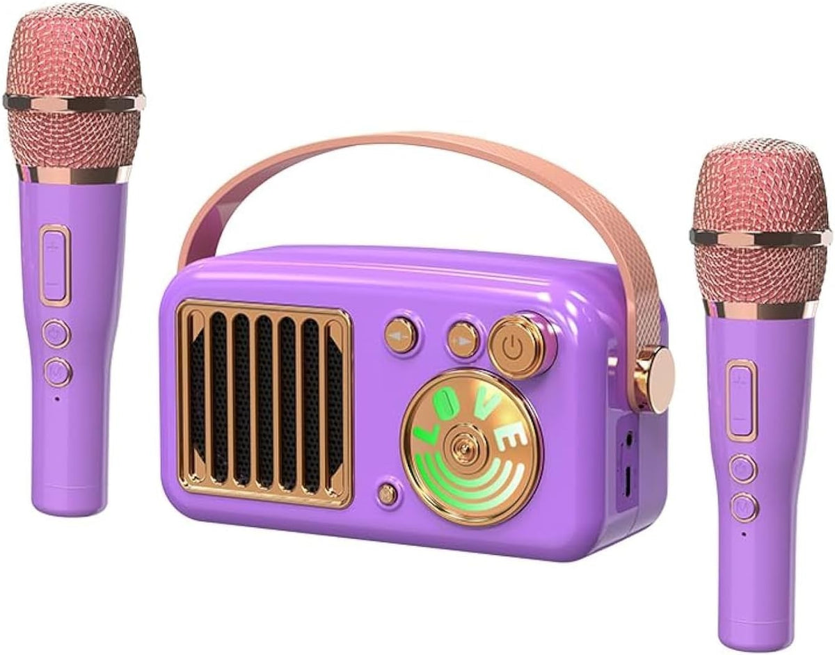 Bluetooth Karaoke Machine 15W Speaker 2 Mics LED Lights Purple