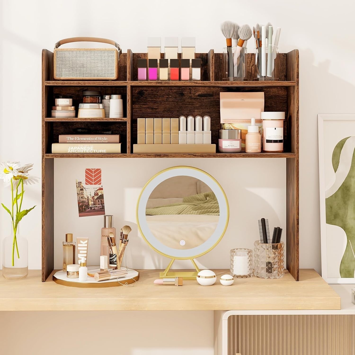 6-Shelf Desktop Bookshelf Hutch Storage Organizer Rustic Brown Monitor Shelf