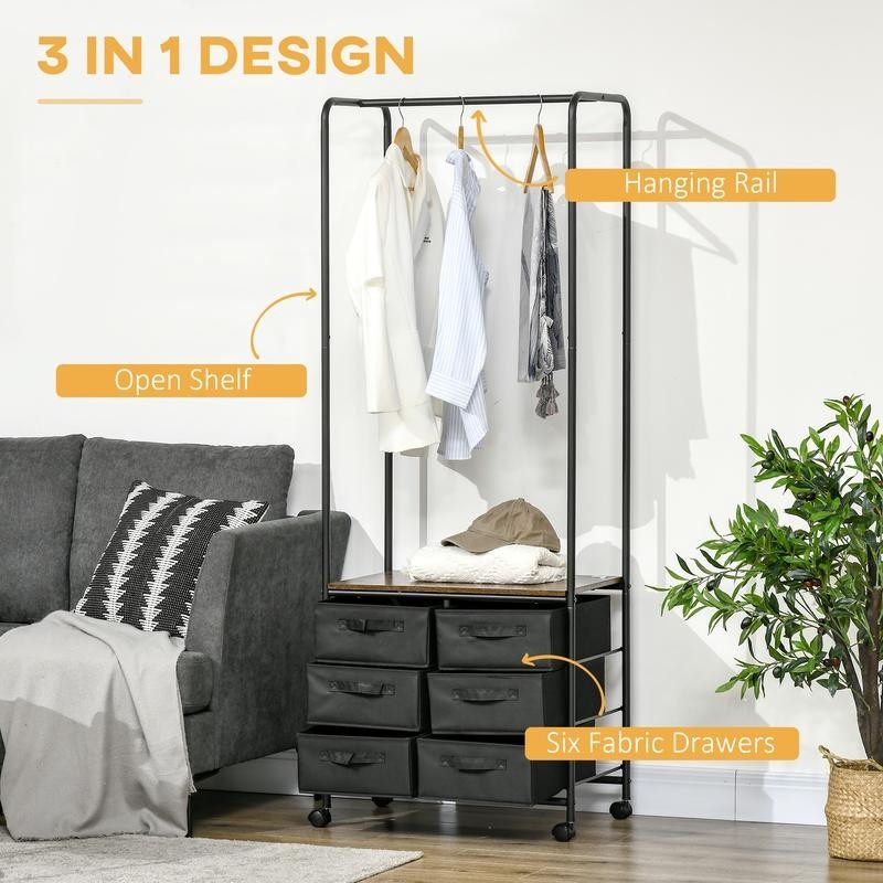 Industrial Clothes Rail with 6 Drawers – Rolling Open Wardrobe Unit