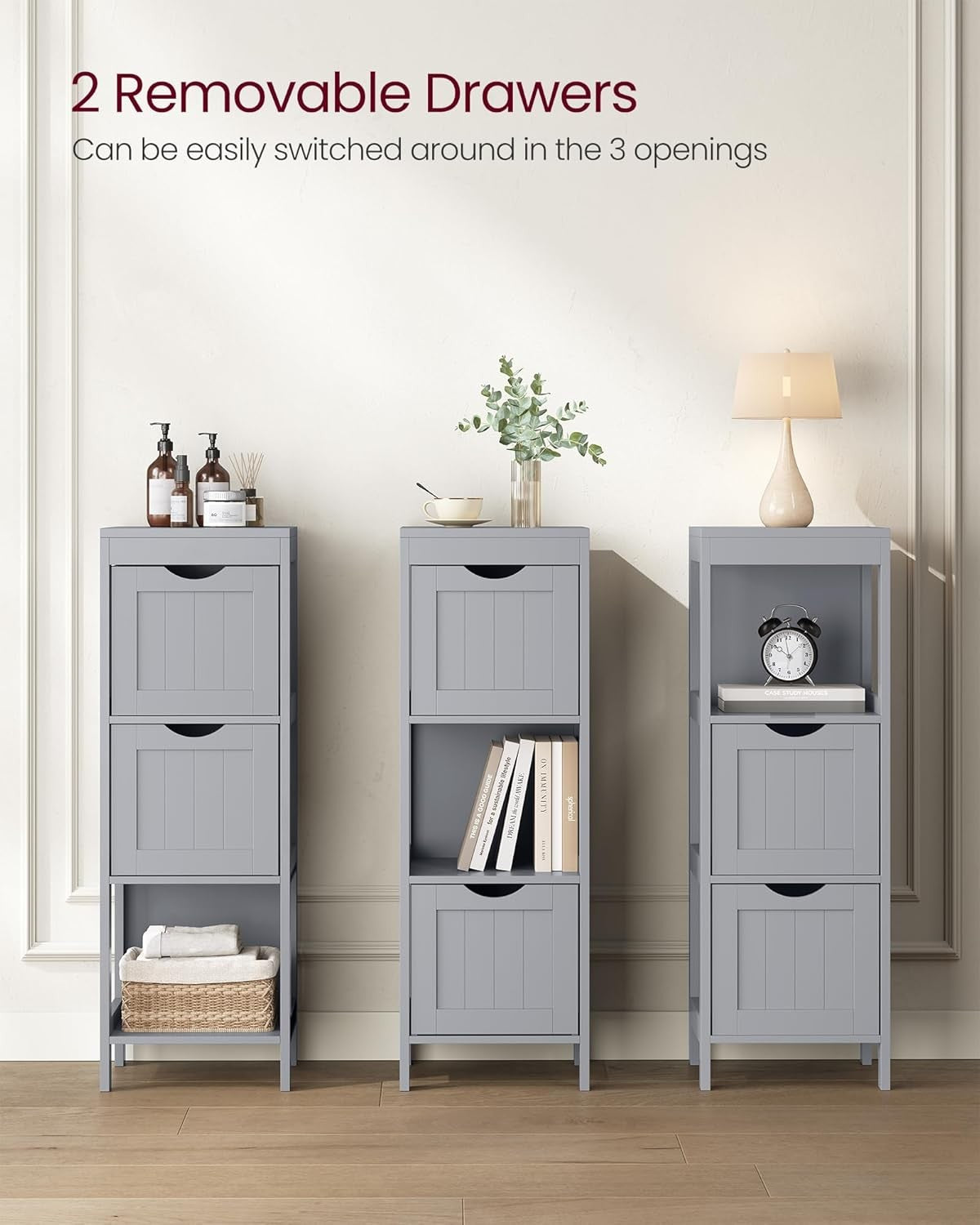 Tall Dove Grey Bathroom Cabinet – 2 Drawers + Open Shelf Freestanding Storage