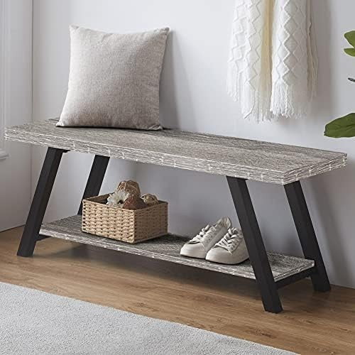 Farmhouse Wood Metal Entryway Bench Shoe Rack Seat Industrial Grey Oak 47in