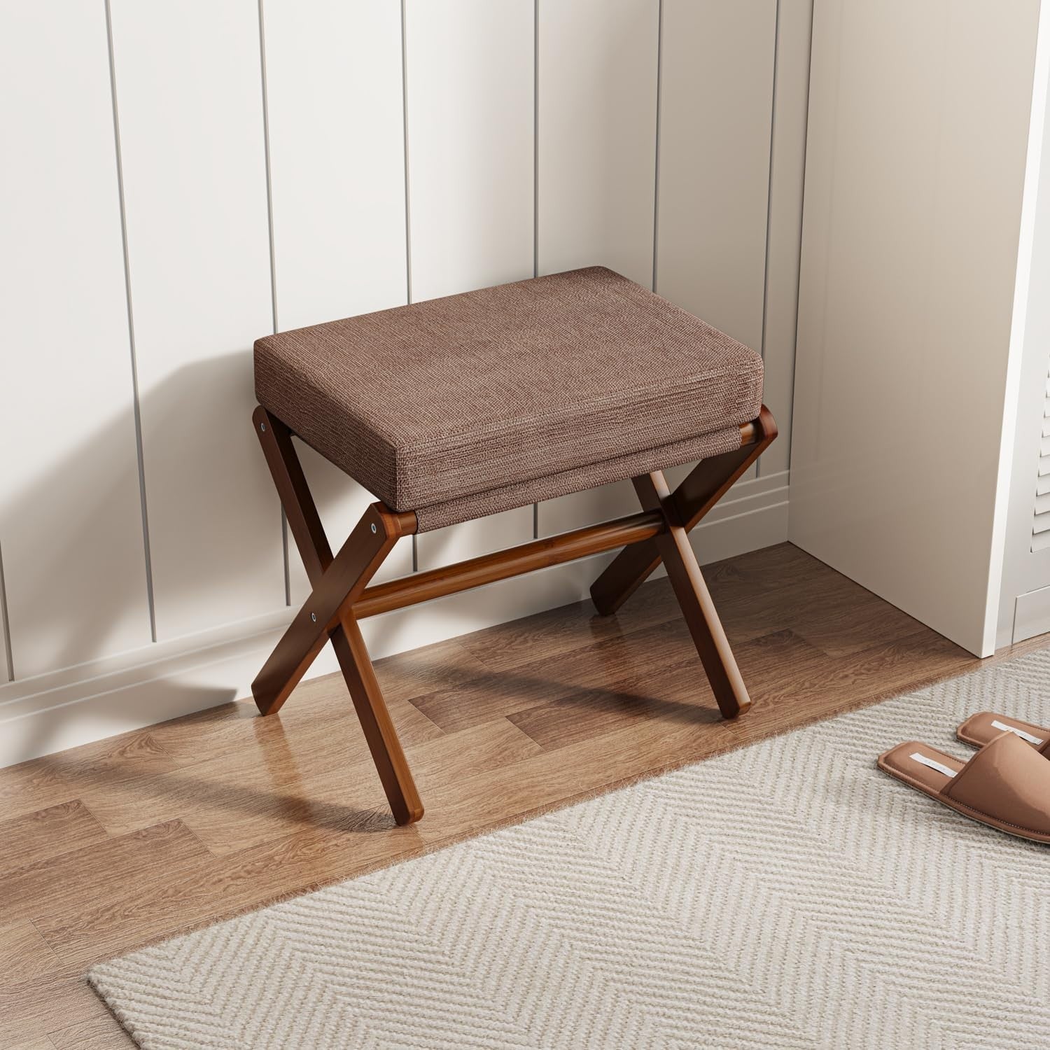 Brown Foldable Footstool Ottoman with Bamboo X-Legs & Thick Chenille Cushion