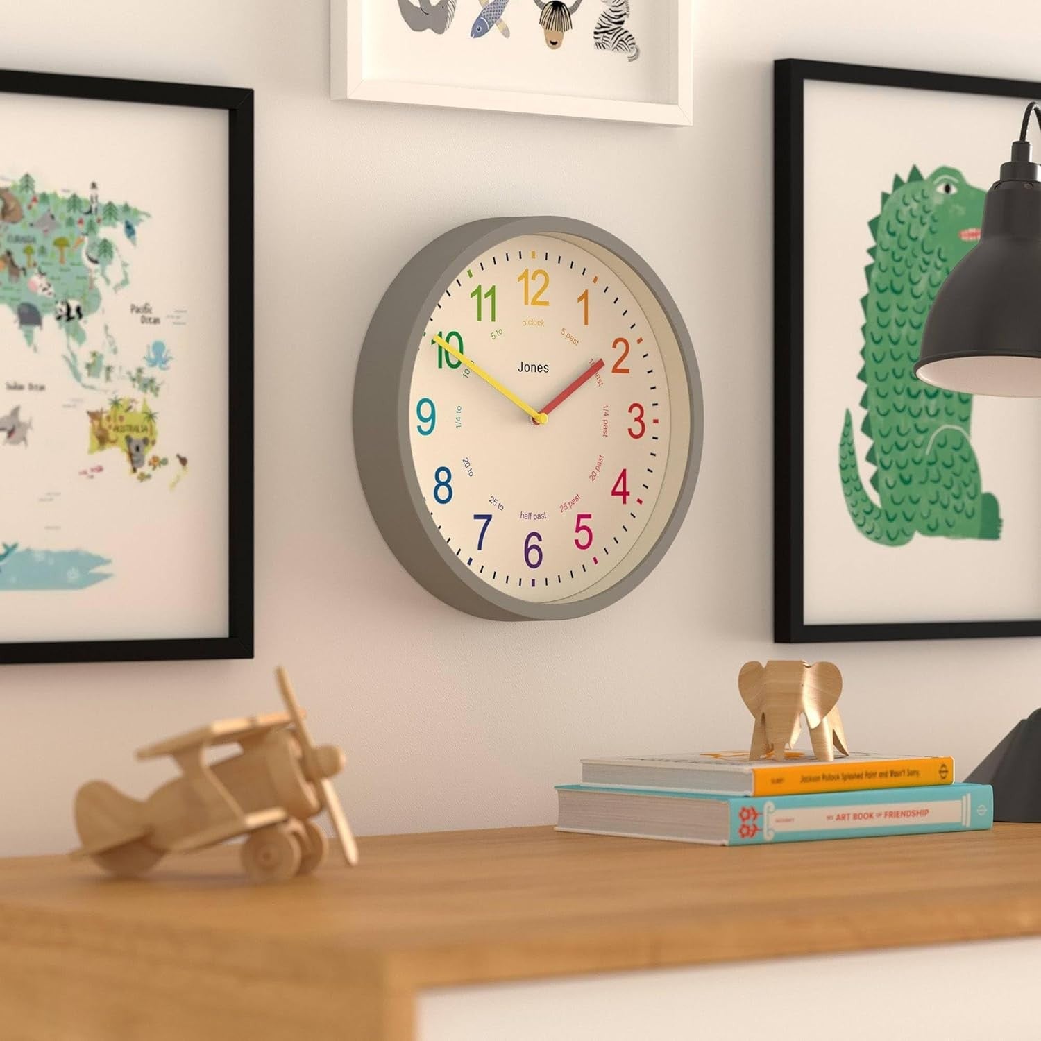 Kids Wall Clock 25cm Silent Quartz Grey Modern Colourful Number Nursery Clock
