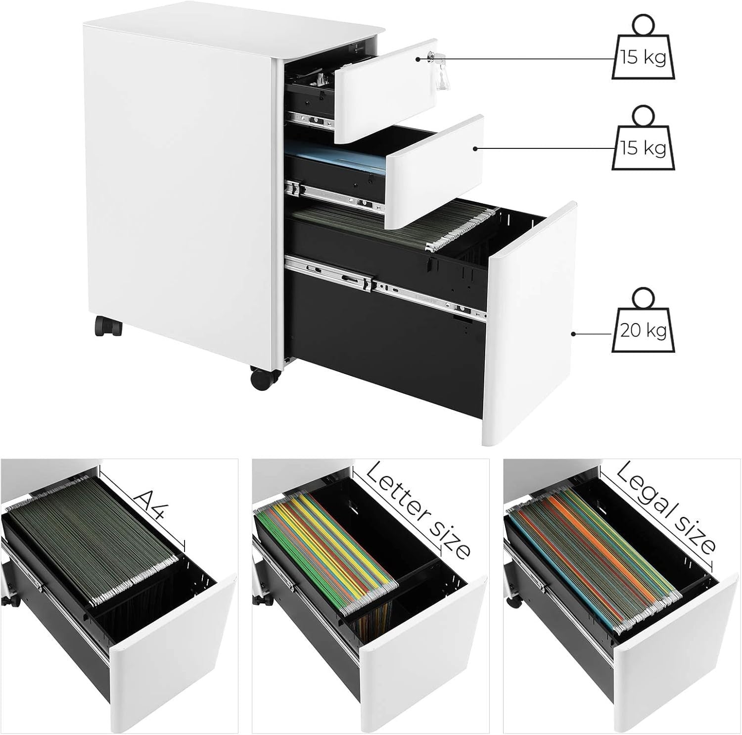 Mobile Lockable File Cabinet on Wheels with 3 Drawers & Secure Lock