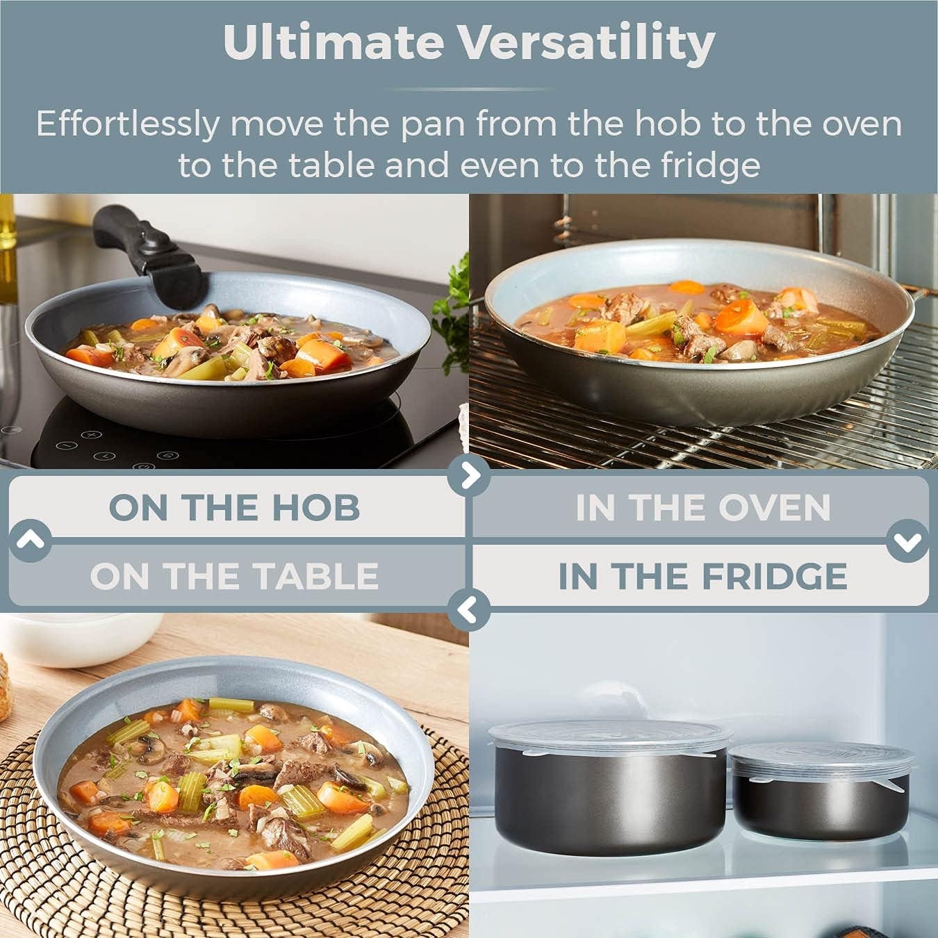 3Pcs Grey Ceramic Non Stick Frying Pan Set – 24 & 28cm with Detachable Handle