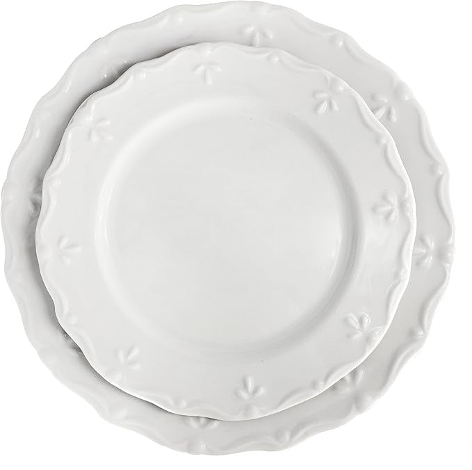16pc White Porcelain Dinnerware Set Embossed Edge Plates Bowls Mugs
