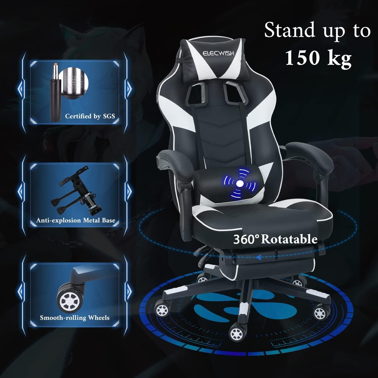 Gaming Chair with Massage & Footrest Reclining Ergonomic White