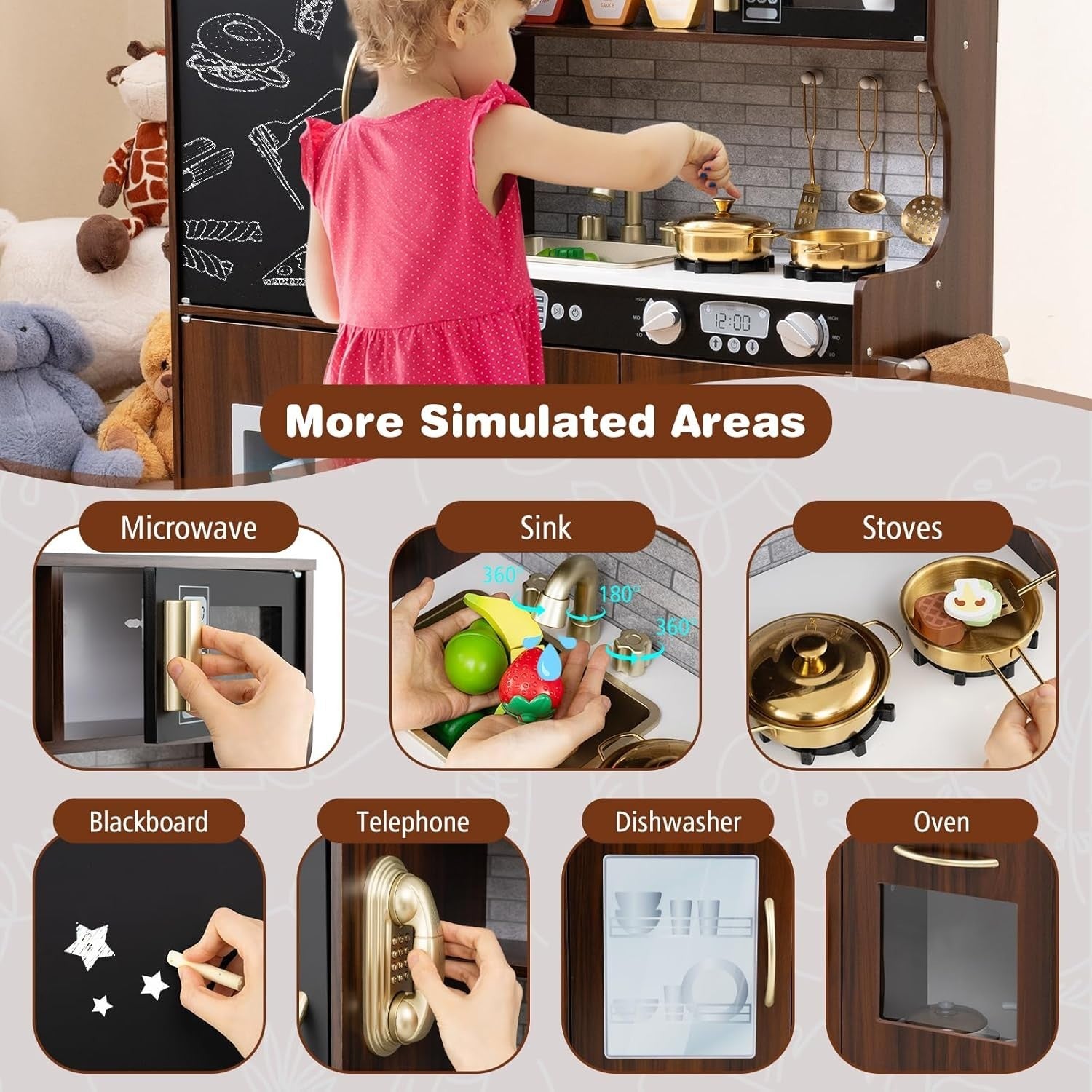 Kids Wooden Play Kitchen Blackboard Ice Maker Microwave Coffee Toy