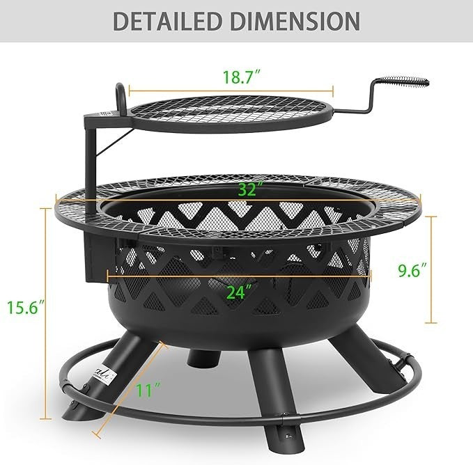 Large Outdoor Fire Pit with Swivel Cooking Grill 32in Steel Wood Burner