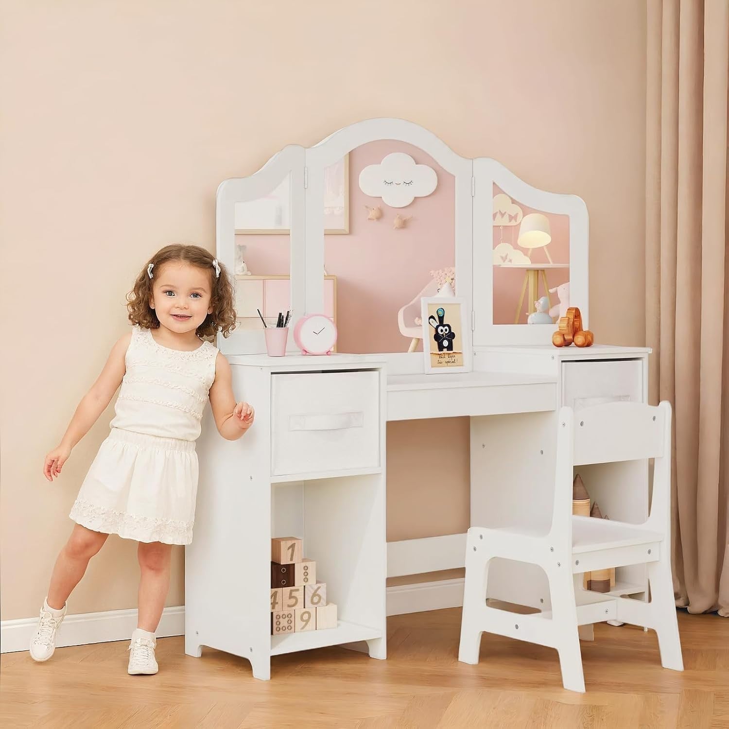 Kids Vanity Table & Chair Set White 2-in-1 Makeup Desk with Storage & Mirror