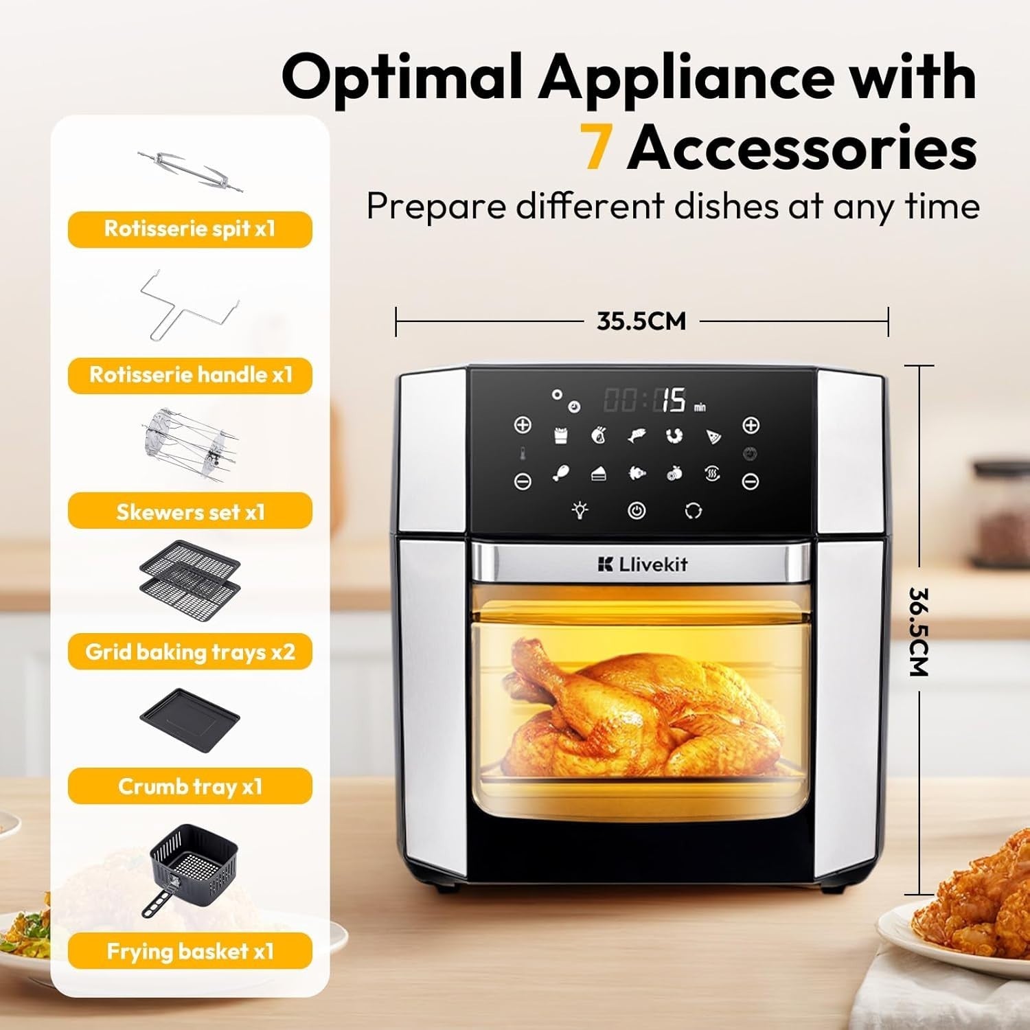 15L Air Fryer Oven Rotisserie 10-in-1 Touchscreen 1800W Window Light XXL