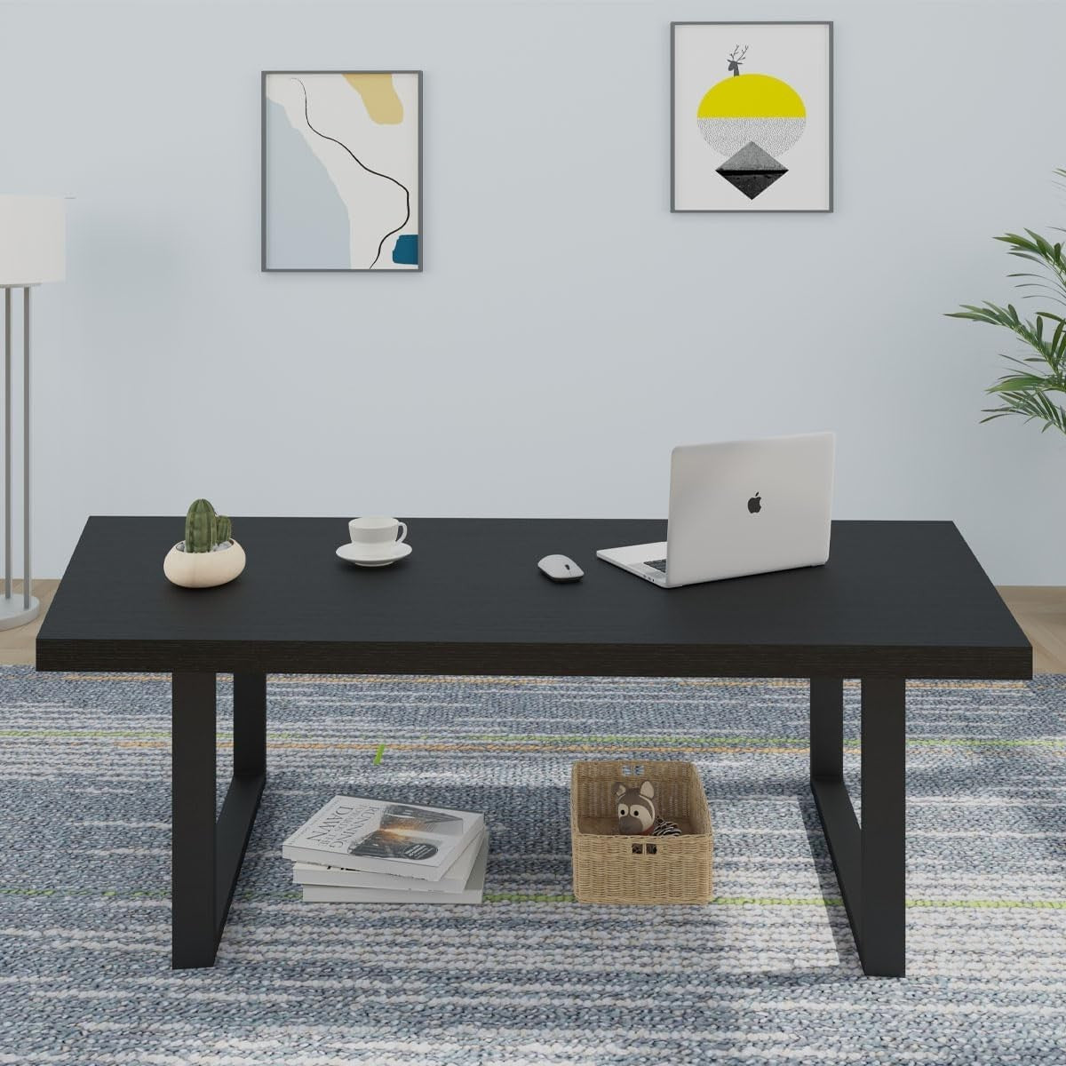 Black Oak Coffee Table 120cm Industrial Wood Metal Center Table Durable