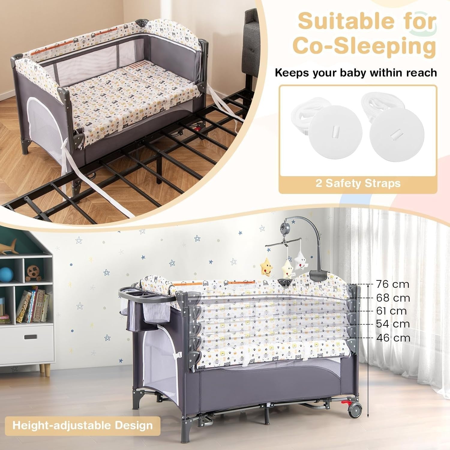 5in1 Travel Cot Baby Bedside Foldable Crib Bassinet Portable Playard White Grey
