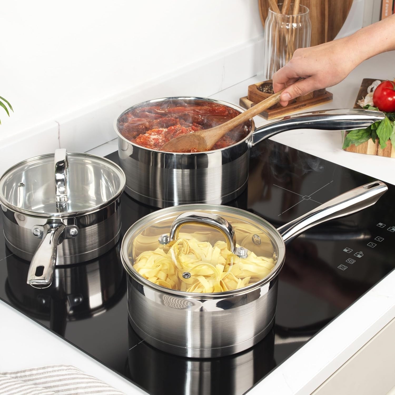 3pcs Stainless Steel Saucepan Set – 16 18 & 20 cm Induction Pans with Glass Lids