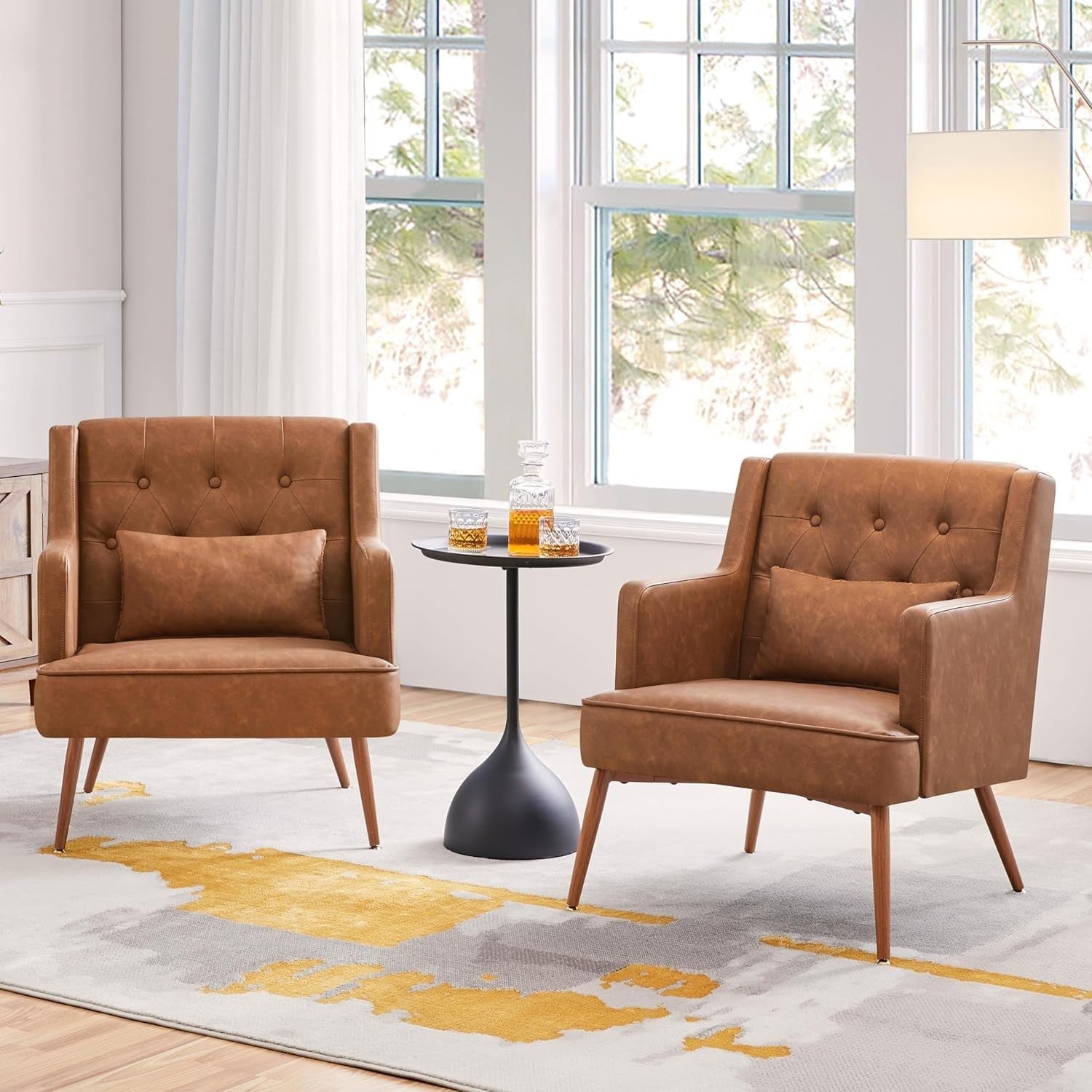 Brown Faux Leather Armchairs Set of 2 Lounge Chairs with Wood Legs