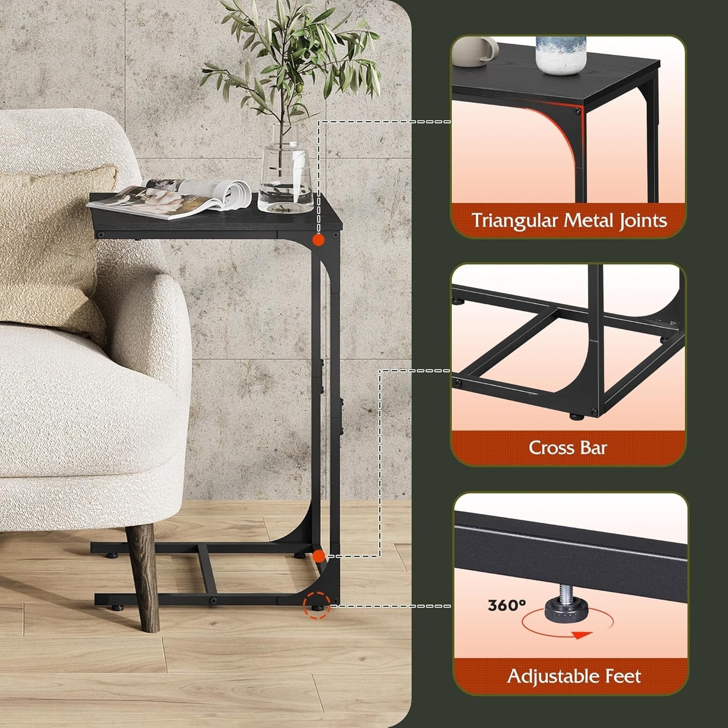 Slim C Shape Side Table Sofa Bed Desk Small Space Coffee End Table Black