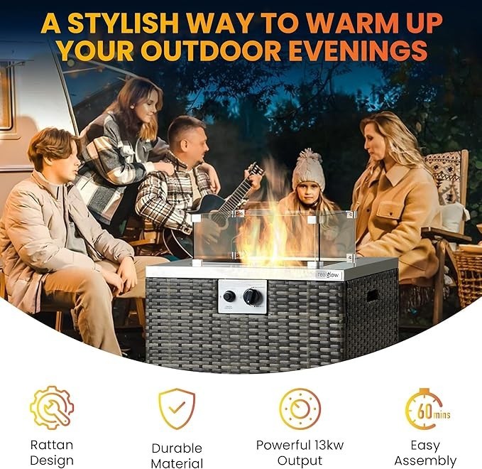 Outdoor Gas Patio Heater Fire Pit with Glass Rocks & Wind Shield | 13KW Heat