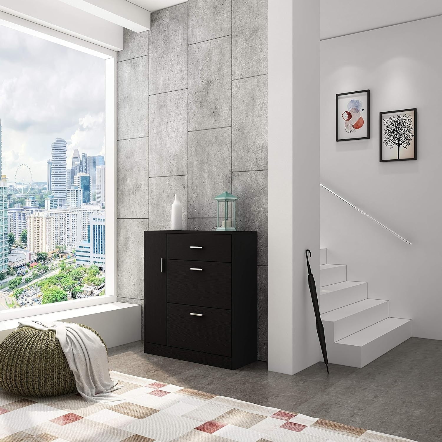 Modern Black Shoe Cabinet with Drawer & 18-Pair Pull-Down Storage Rack
