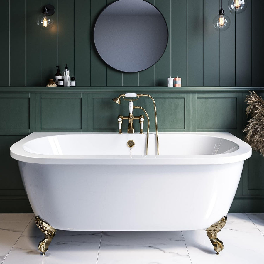 1700x745mm Freestanding Double Ended Back-to-Wall Bath Brass Feet White Acrylic