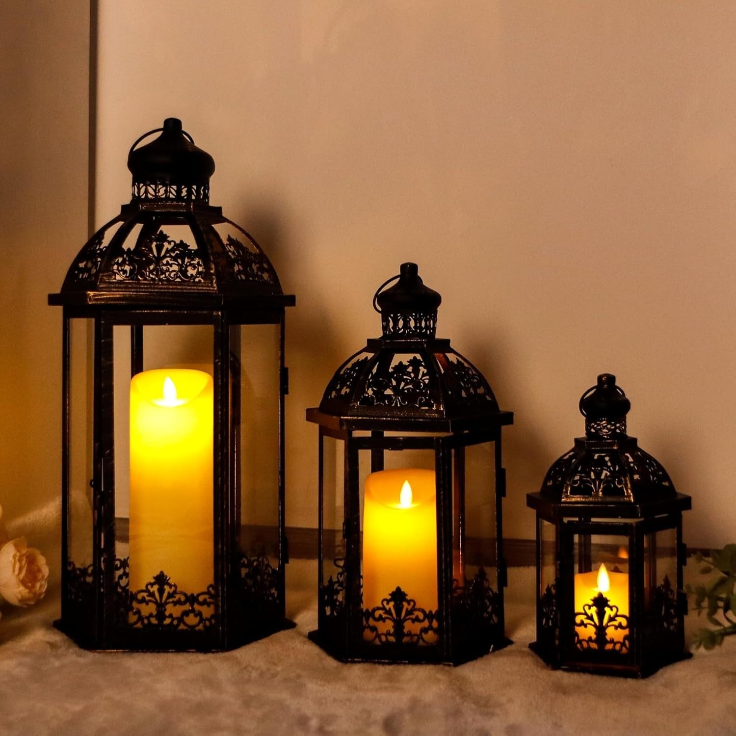 3-Pack Vintage Black Gold Metal Candle Lanterns