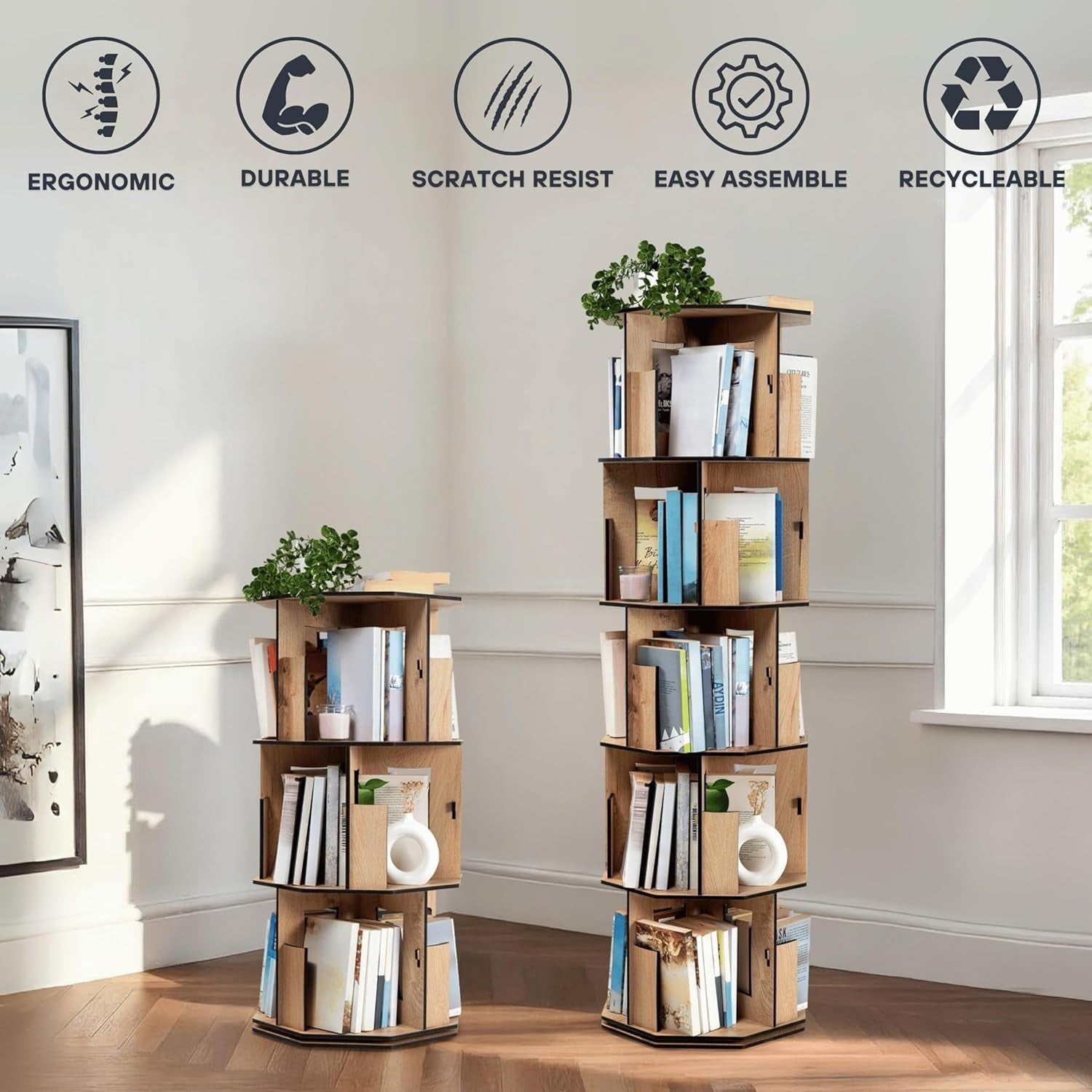 3 Tier Rotating Kids Bookshelf Oak Corner Shelf Space-Saving Storage Organizer