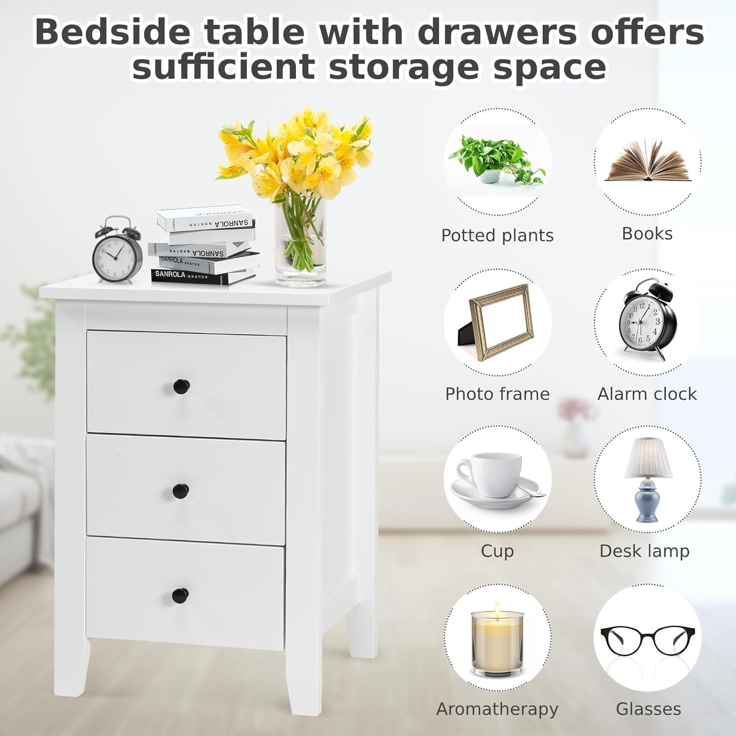 Set of 2 White 3 Drawer Bedside Tables | Modern Wooden Nightstands