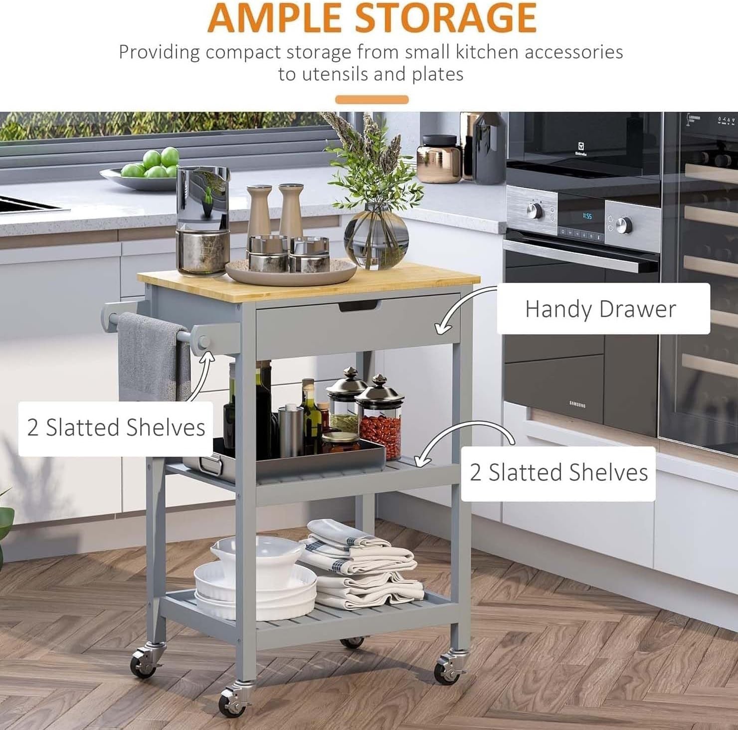 Kitchen Serving Trolley Rolling Storage Cart 3 Tier Wooden Top Drawer