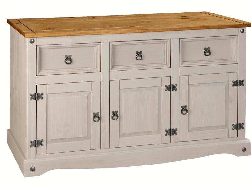 Solid Pine Sideboard Cabinet Grey 3 Door 3 Drawer Storage Cupboard Unit