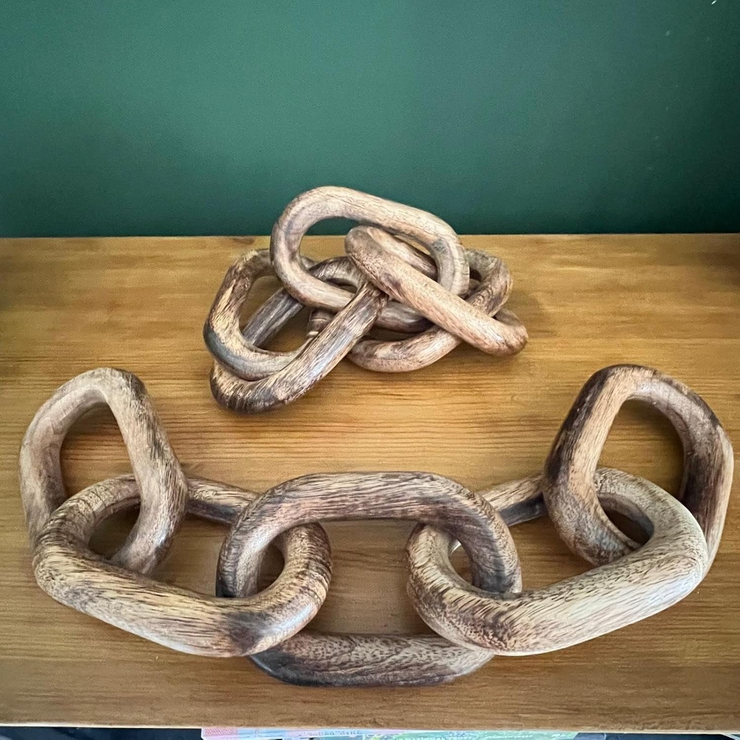 Rustic Wooden Chain Ornaments Set of 2 | 5-Link Wood Decor | Shelf Mantel Table