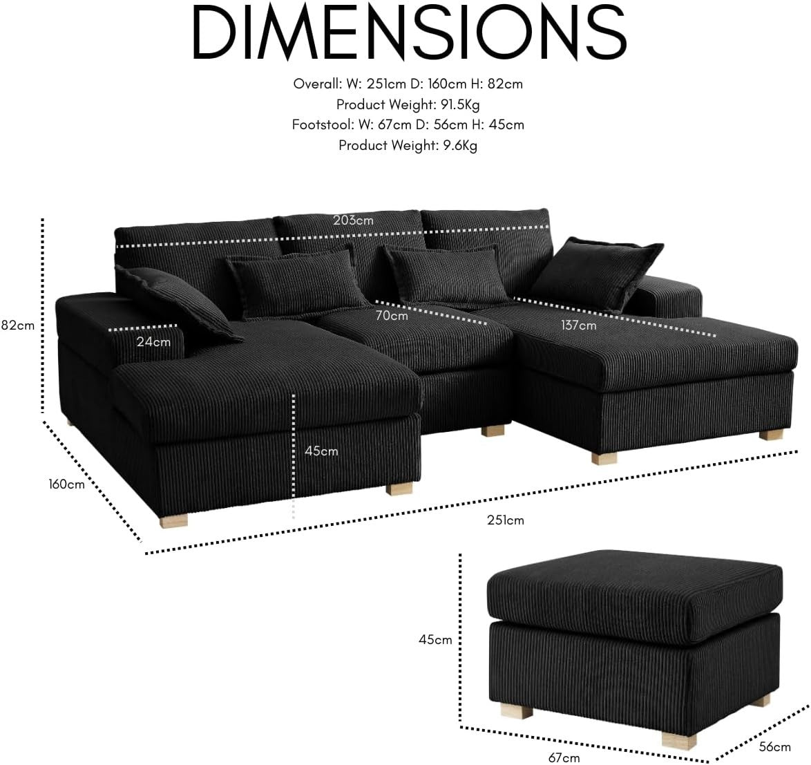 U-Shape Fabric Sofa Jumbo Cord 4-Seater Small or Large + Optional Footstool