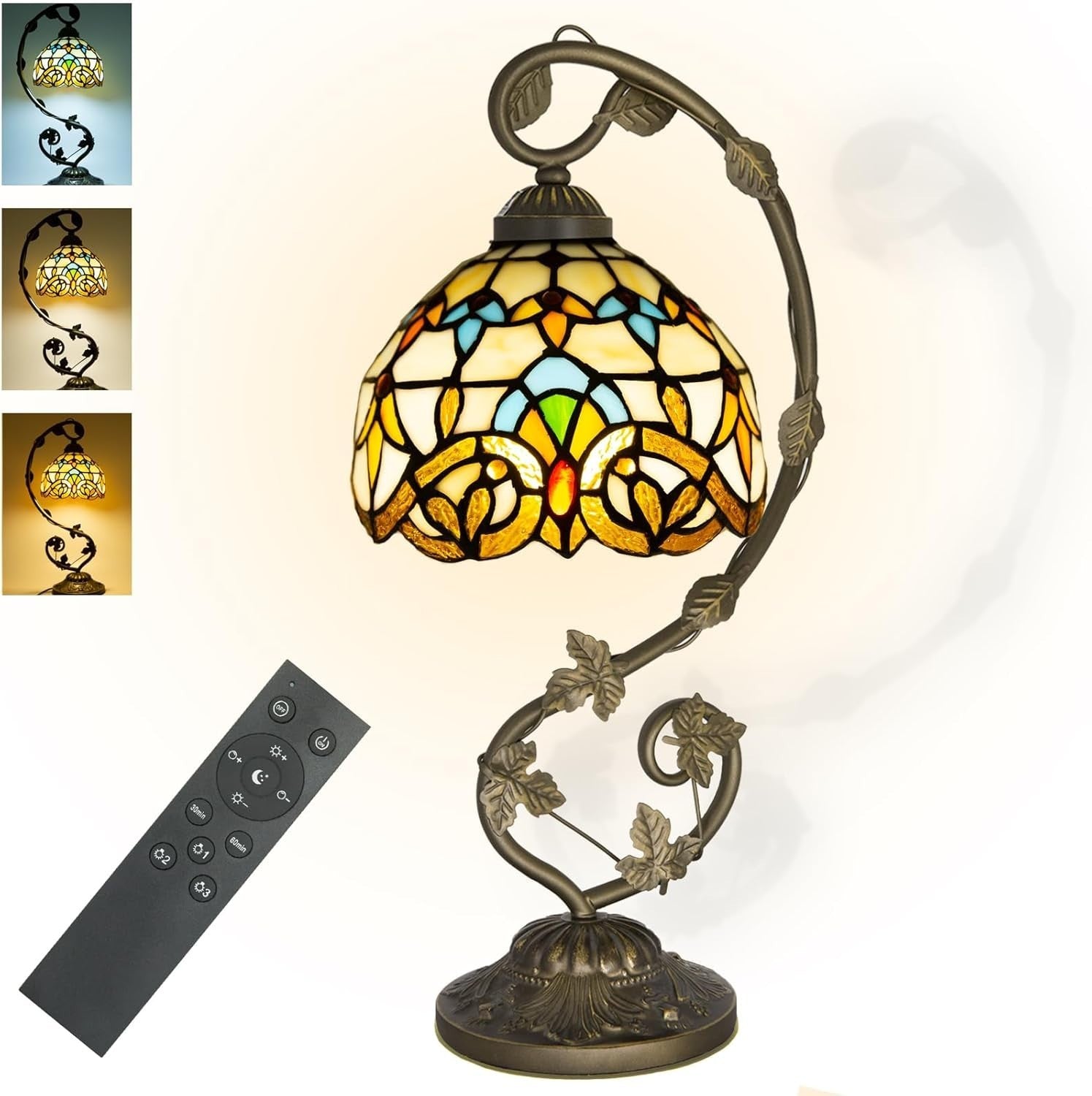 Stained Glass Table Lamp Remote Control Dimmable LED 3-Colour Light