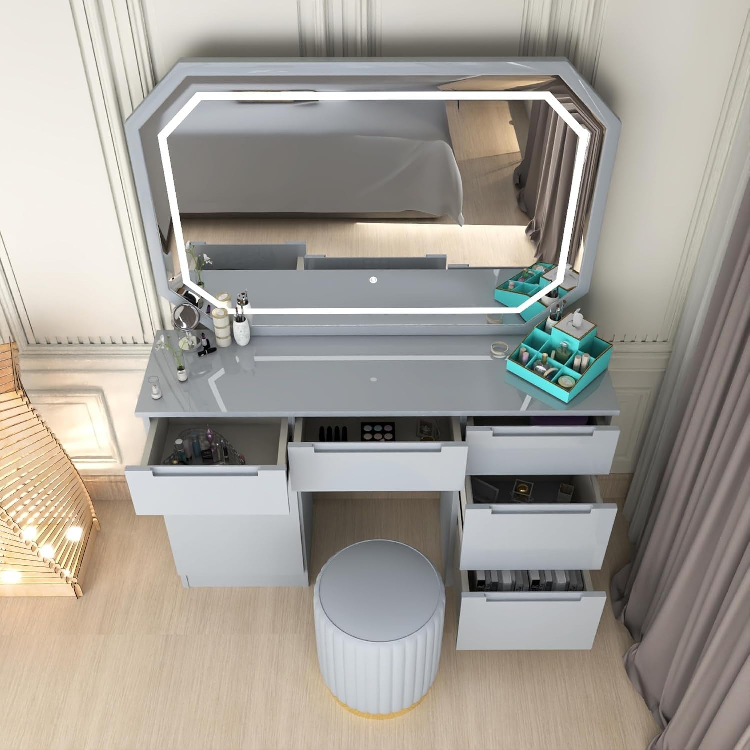 Dresser Vanity Set with LED Mirror Stool 7 Drawers Makeup Table Grey White Black