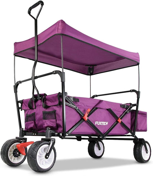 Purple Folding Wagon w/ Canopy Compact Pull Cart Garden Trolley w/ Rear Bag