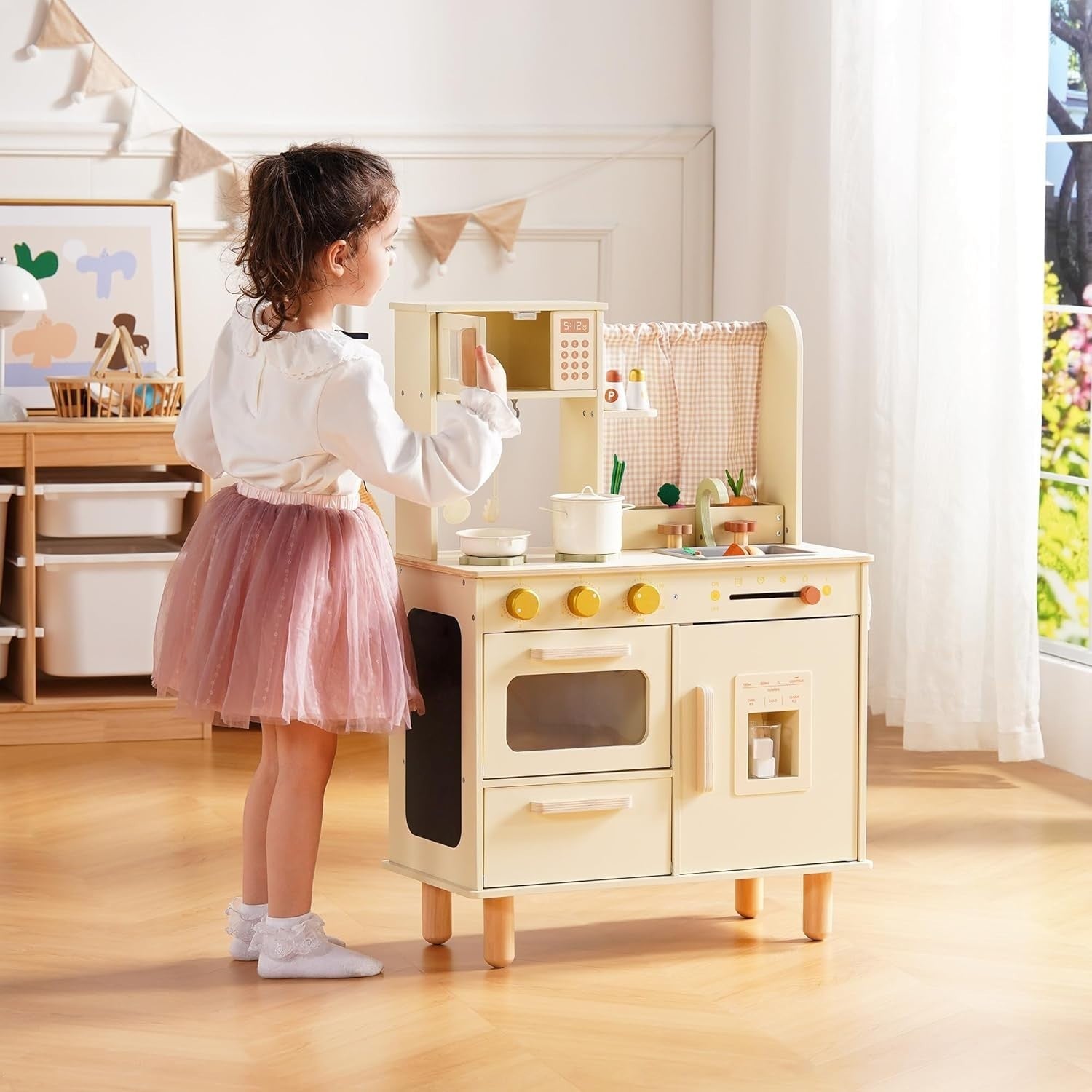 Wooden Kids Play Kitchen w/ Ice Maker Microwave Cream Toy