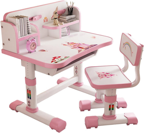 Adjustable Kids Study Table & Chair Set with Storage Drawer & Hooks Pink