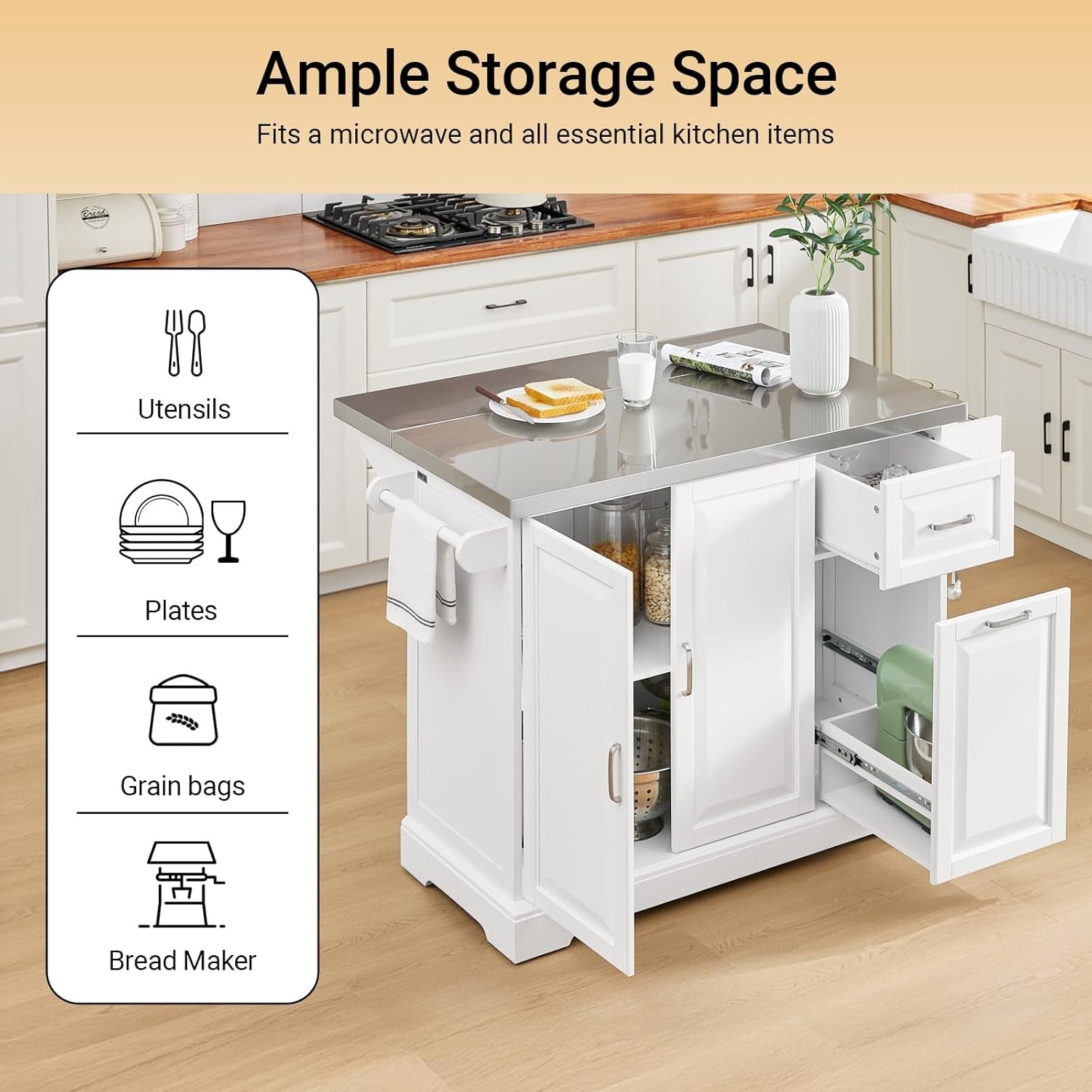 Kitchen Island Cart on Wheels Extendable Worktop Storage Cabinet