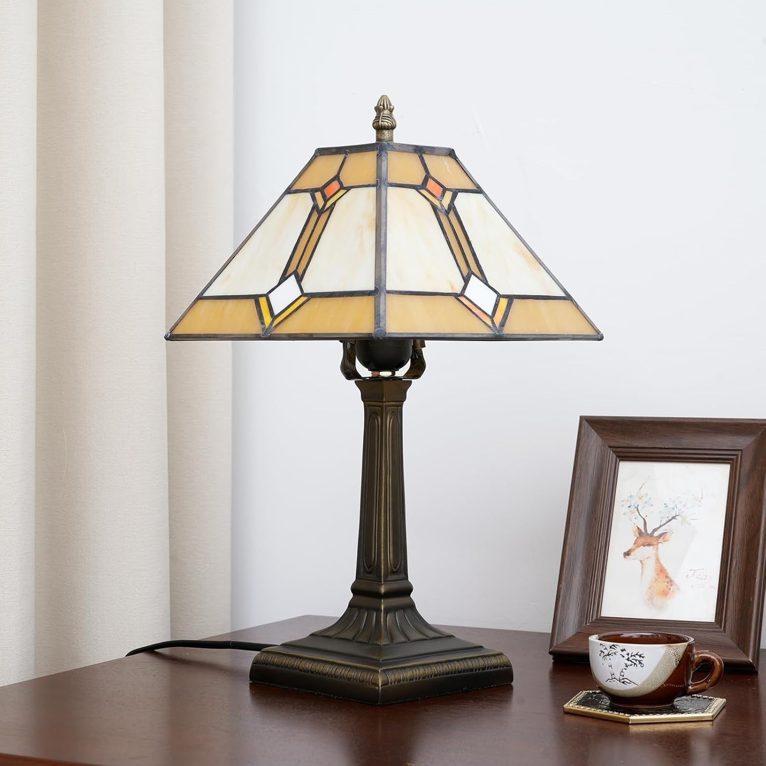 Stained Glass Tiffany Table Lamp Antique Square Bedside Desk Light