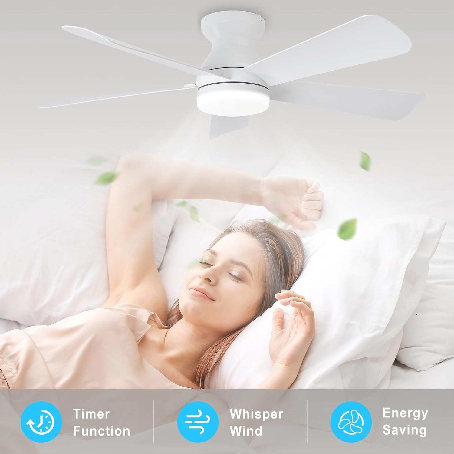 42" White Ceiling Fan, 5 Blades, 6 Speeds, LED Light, Remote